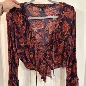 Forever 21 Burgundy Paisley Lace-Up Blouse